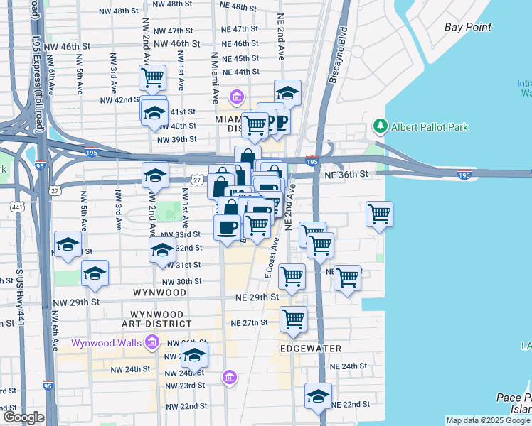map of restaurants, bars, coffee shops, grocery stores, and more near 3402 Northeast 1st Avenue in Miami