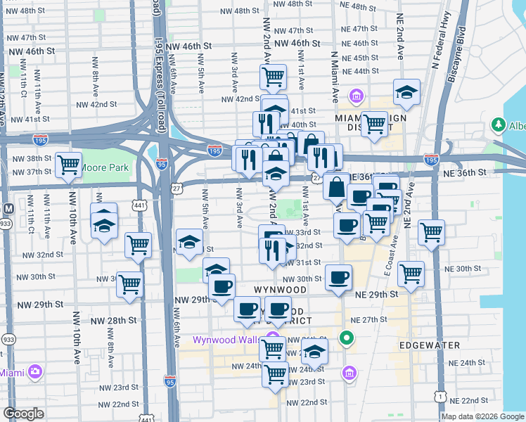 map of restaurants, bars, coffee shops, grocery stores, and more near 255 Northwest 34th Terrace in Miami