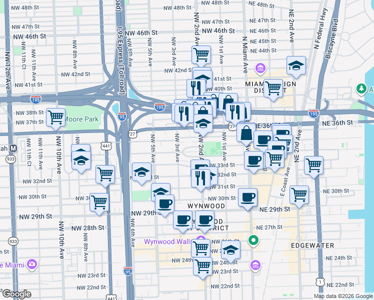 map of restaurants, bars, coffee shops, grocery stores, and more near 255 Northwest 34th Terrace in Miami