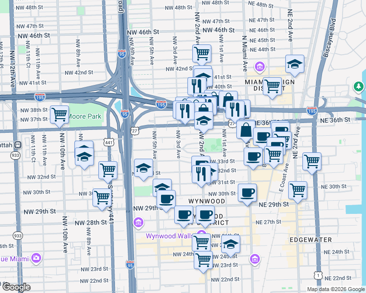 map of restaurants, bars, coffee shops, grocery stores, and more near 255 Northwest 34th Terrace in Miami