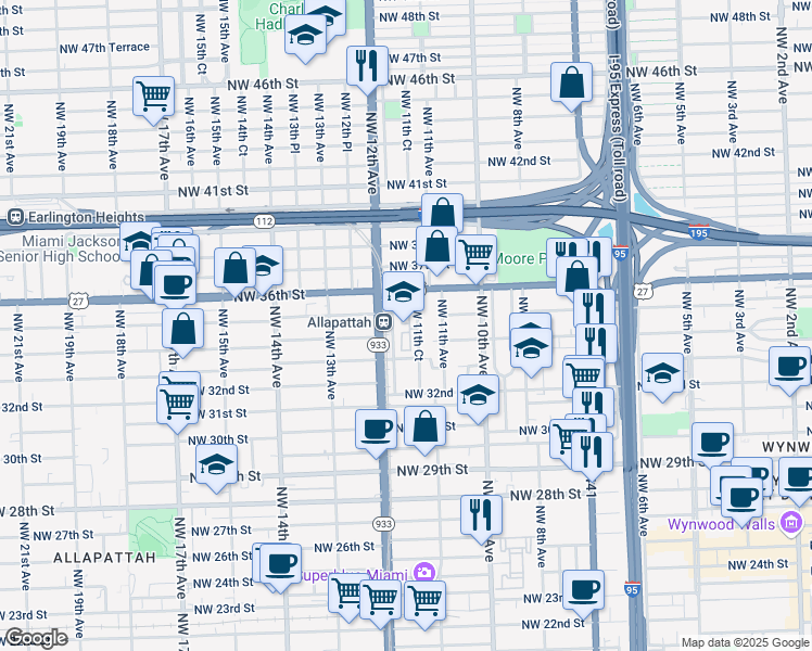 map of restaurants, bars, coffee shops, grocery stores, and more near 3497 Northwest 11th Court in Miami
