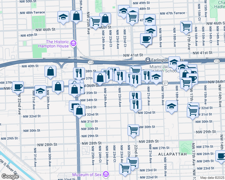 map of restaurants, bars, coffee shops, grocery stores, and more near 2342 Northwest 36th Street in Miami