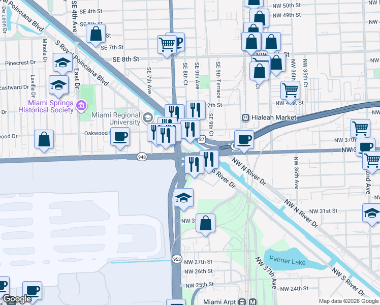 map of restaurants, bars, coffee shops, grocery stores, and more near 1111 South Royal Poinciana Boulevard in Miami Springs