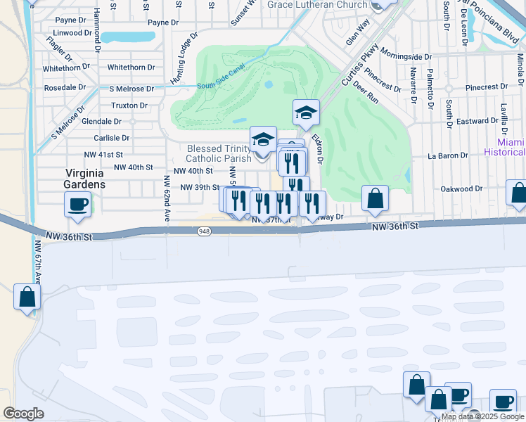 map of restaurants, bars, coffee shops, grocery stores, and more near 5851 Northwest 38th Street in Virginia Gardens