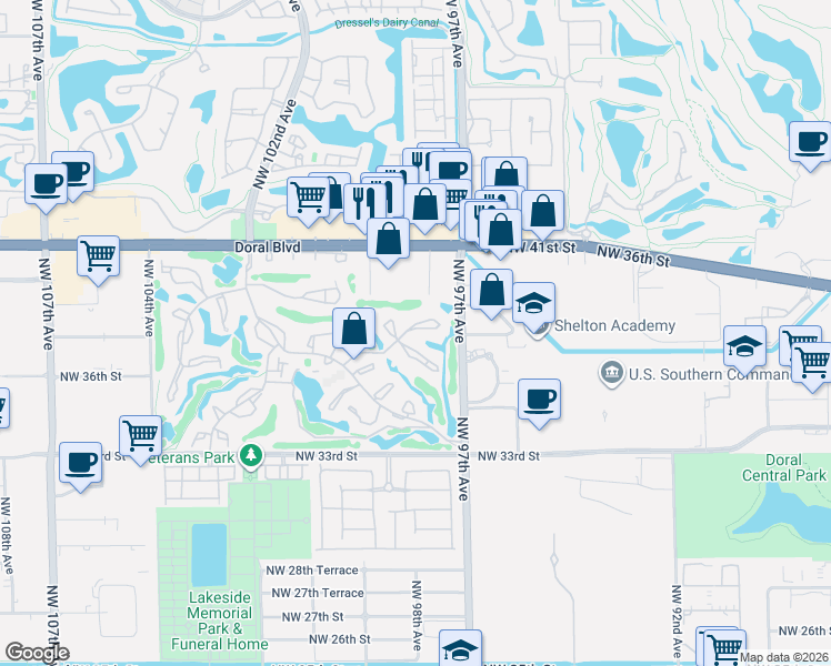 map of restaurants, bars, coffee shops, grocery stores, and more near 5860 Alcantara Avenue in Doral