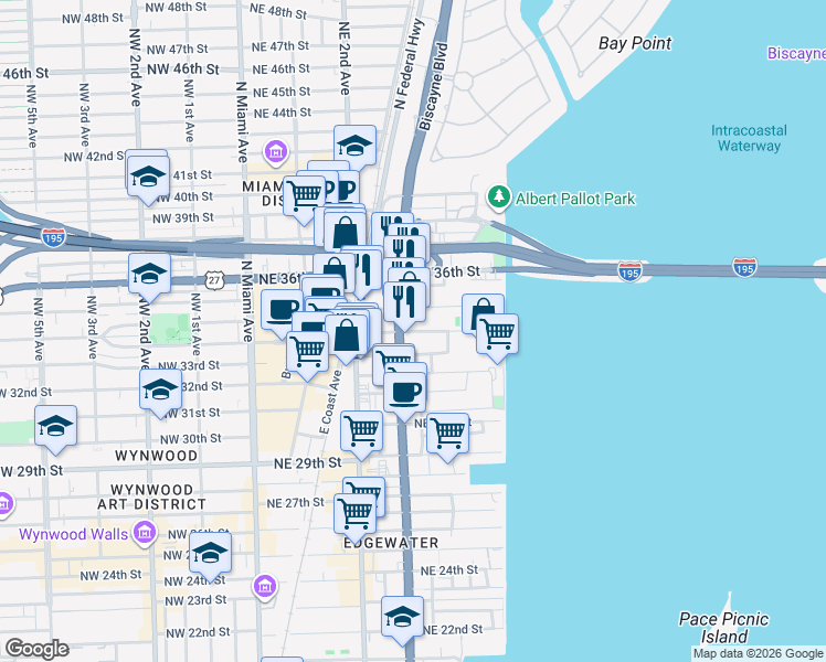 map of restaurants, bars, coffee shops, grocery stores, and more near 404 Northeast 35th Street in Miami