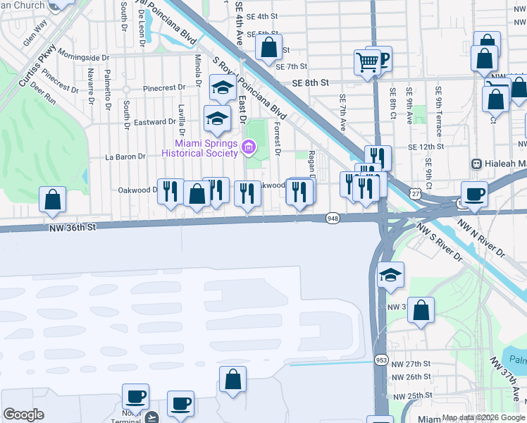 map of restaurants, bars, coffee shops, grocery stores, and more near 688 Forrest Drive in Miami Springs