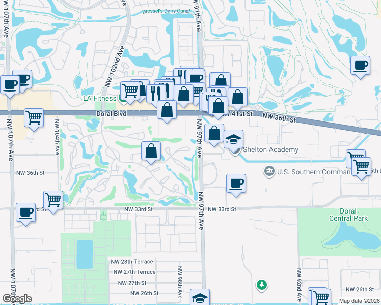 map of restaurants, bars, coffee shops, grocery stores, and more near 5860 Alcantara Avenue in Doral