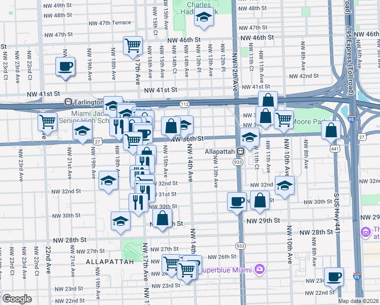 map of restaurants, bars, coffee shops, grocery stores, and more near 3437 Northwest 14th Avenue in Miami