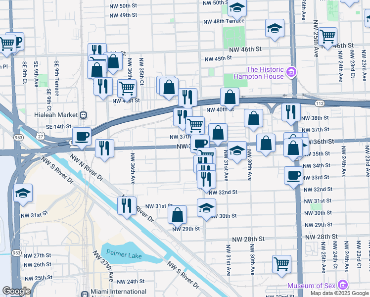 map of restaurants, bars, coffee shops, grocery stores, and more near 3275 Northwest 36th Street in Miami