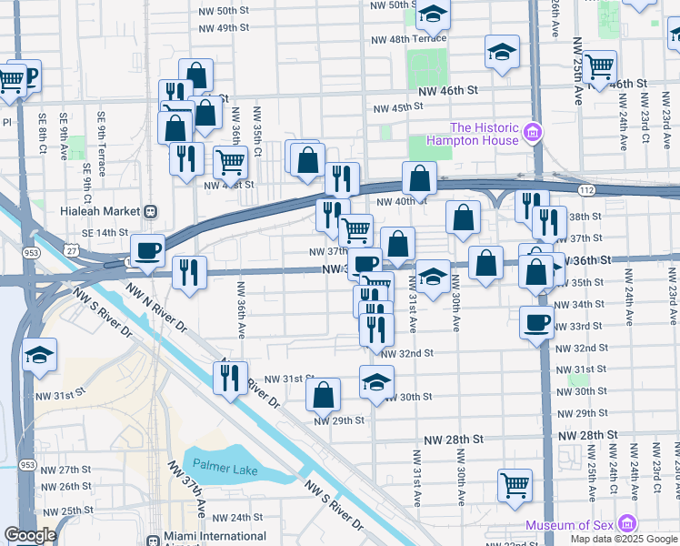 map of restaurants, bars, coffee shops, grocery stores, and more near 3275 Northwest 36th Street in Miami