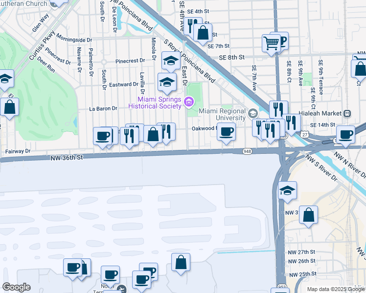 map of restaurants, bars, coffee shops, grocery stores, and more near 656 East Drive in Miami Springs