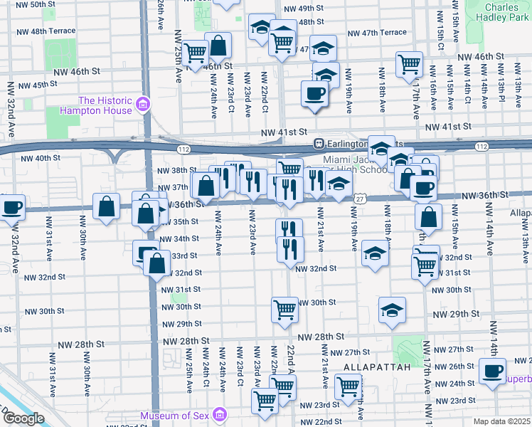 map of restaurants, bars, coffee shops, grocery stores, and more near 2284 Northwest 36th Street in Miami