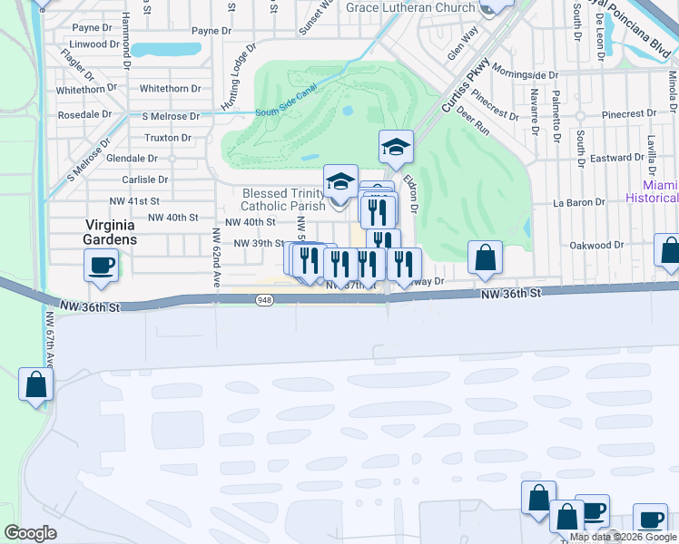 map of restaurants, bars, coffee shops, grocery stores, and more near 5851 Northwest 38th Street in Virginia Gardens