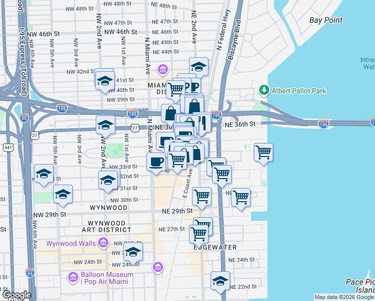map of restaurants, bars, coffee shops, grocery stores, and more near 3449 Northeast 1st Avenue in Miami