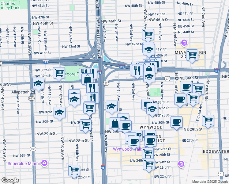 map of restaurants, bars, coffee shops, grocery stores, and more near in Miami