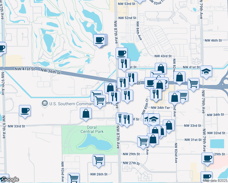 map of restaurants, bars, coffee shops, grocery stores, and more near 3750 Northwest 87th Avenue in Miami