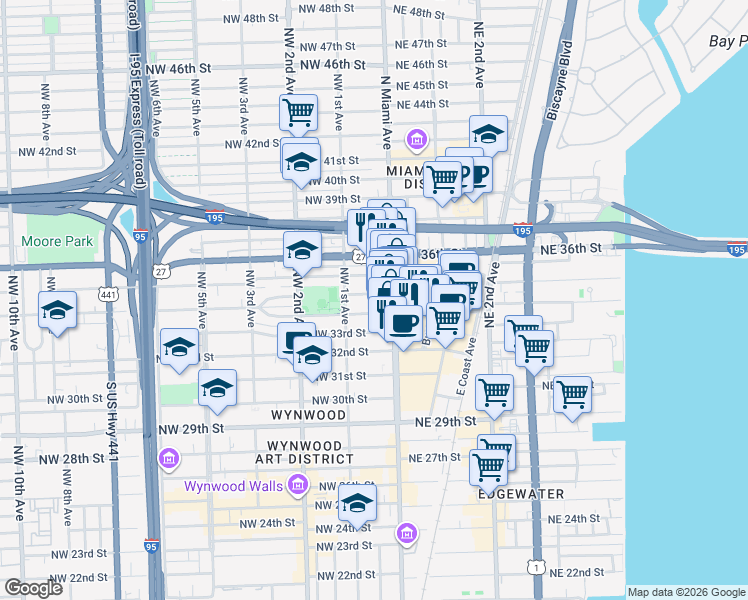 map of restaurants, bars, coffee shops, grocery stores, and more near 29 Northwest 34th Terrace in Miami
