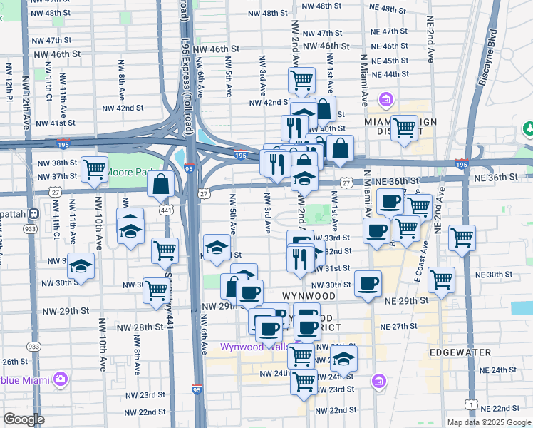 map of restaurants, bars, coffee shops, grocery stores, and more near 330 Northwest 35th Street in Miami