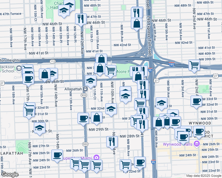 map of restaurants, bars, coffee shops, grocery stores, and more near 1045 Northwest 35th Street in Miami