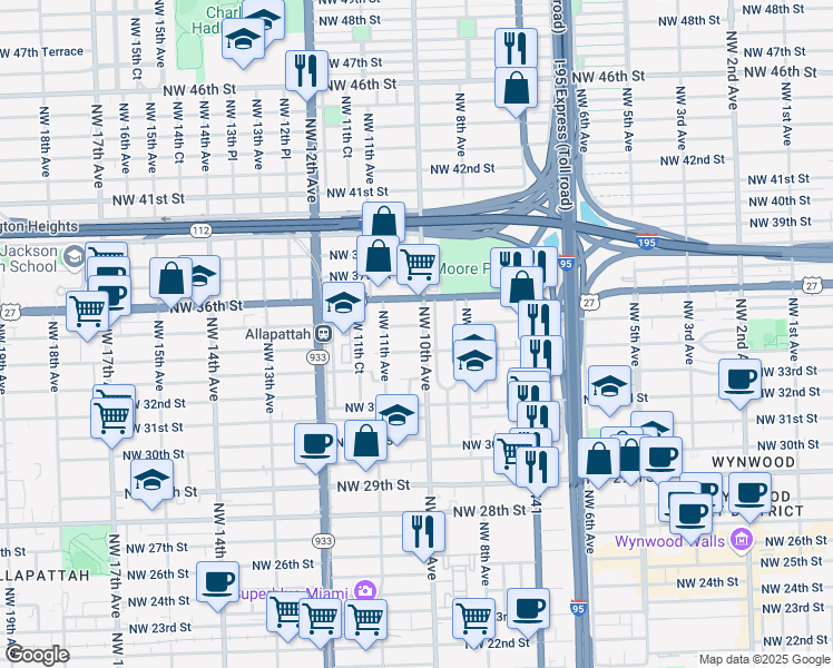map of restaurants, bars, coffee shops, grocery stores, and more near 1045 Northwest 35th Street in Miami