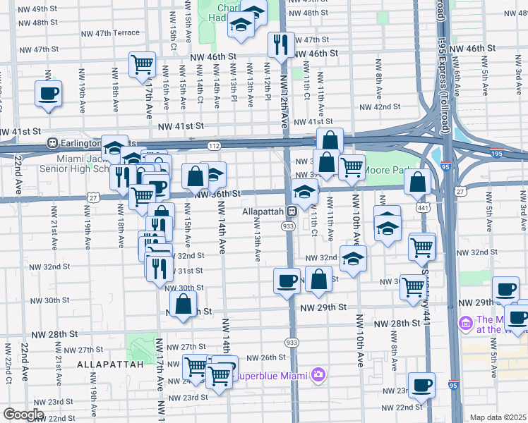 map of restaurants, bars, coffee shops, grocery stores, and more near 1258 Northwest 35th Street in Miami
