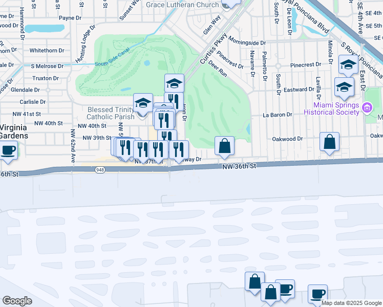 map of restaurants, bars, coffee shops, grocery stores, and more near 627 Eldron Drive in Miami Springs