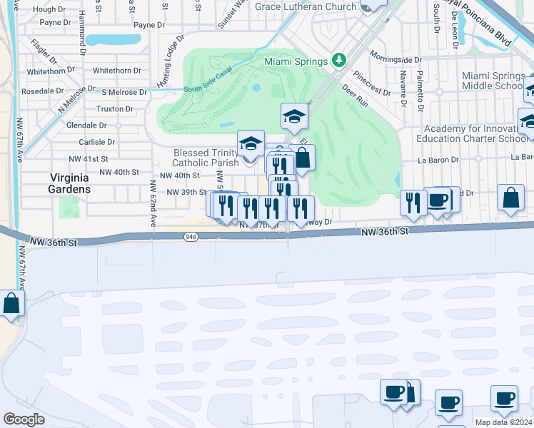 map of restaurants, bars, coffee shops, grocery stores, and more near 3805 Northwest 57th Place in Virginia Gardens