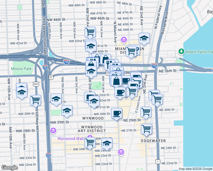 map of restaurants, bars, coffee shops, grocery stores, and more near 3446 Northwest 1st Avenue in Miami