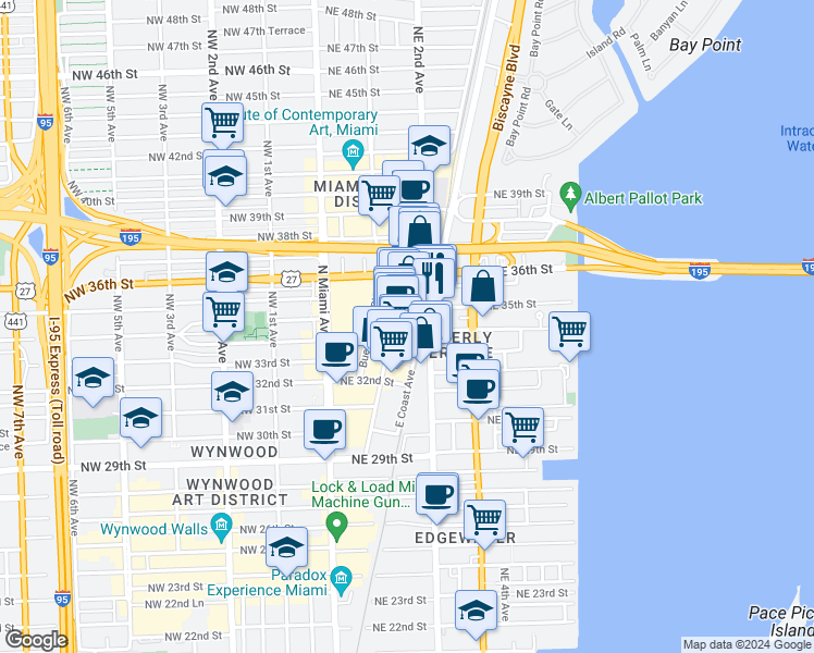 map of restaurants, bars, coffee shops, grocery stores, and more near 3449 Northeast 1st Avenue in Miami