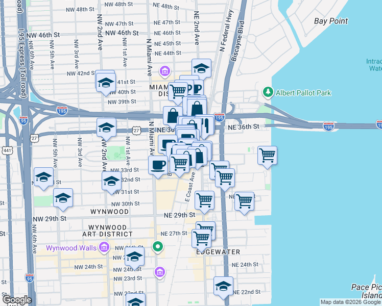 map of restaurants, bars, coffee shops, grocery stores, and more near 3449 Northeast 1st Avenue in Miami