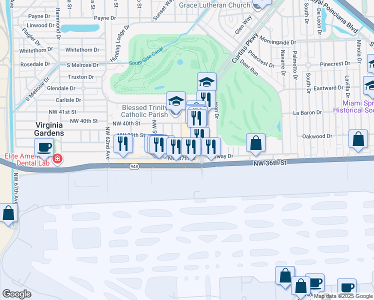 map of restaurants, bars, coffee shops, grocery stores, and more near 3805 Northwest 57th Place in Virginia Gardens