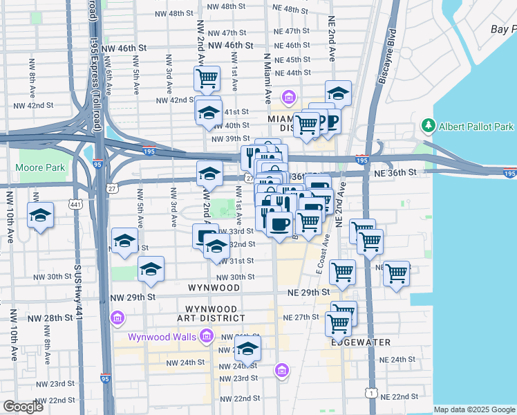 map of restaurants, bars, coffee shops, grocery stores, and more near 29 Northwest 34th Terrace in Miami