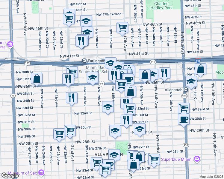 map of restaurants, bars, coffee shops, grocery stores, and more near 3500 Northwest 18th Avenue in Miami