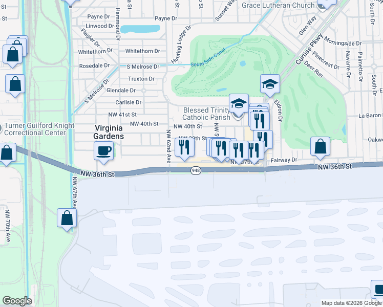 map of restaurants, bars, coffee shops, grocery stores, and more near 6002 Northwest 38th Street in Virginia Gardens