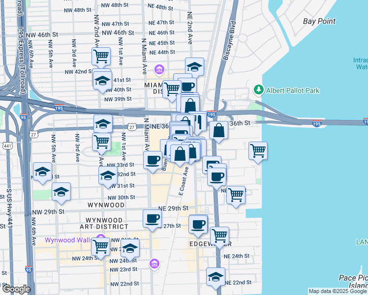 map of restaurants, bars, coffee shops, grocery stores, and more near 3449 Northeast 1st Avenue in Miami