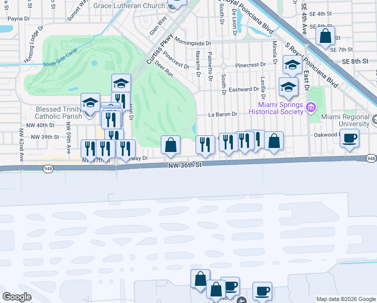 map of restaurants, bars, coffee shops, grocery stores, and more near 101 Fairway Drive in Miami