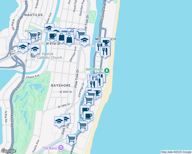 map of restaurants, bars, coffee shops, grocery stores, and more near in Miami Beach