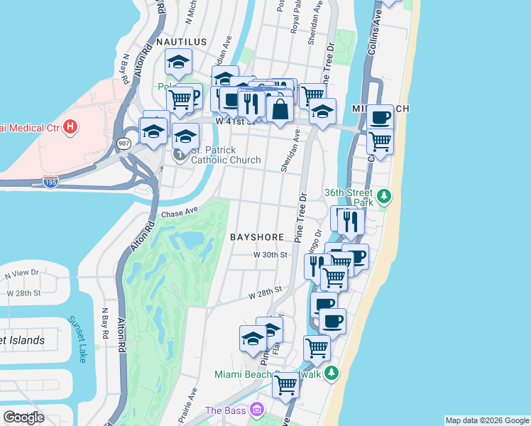 map of restaurants, bars, coffee shops, grocery stores, and more near 3184 Royal Palm Avenue in Miami Beach