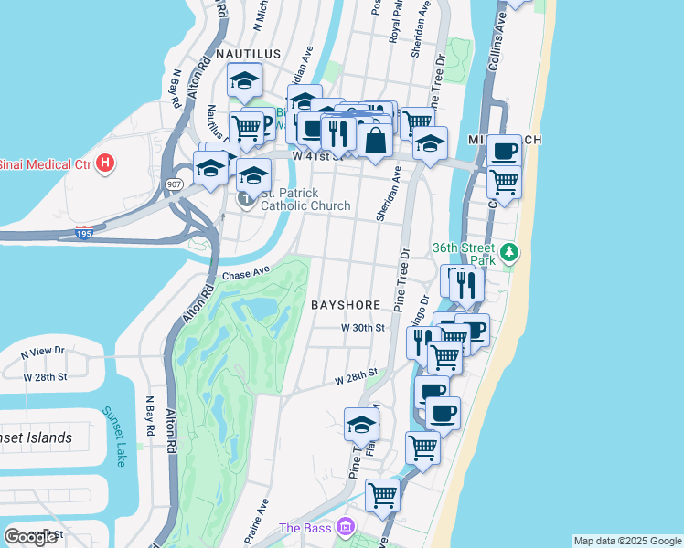 map of restaurants, bars, coffee shops, grocery stores, and more near 3184 Royal Palm Avenue in Miami Beach