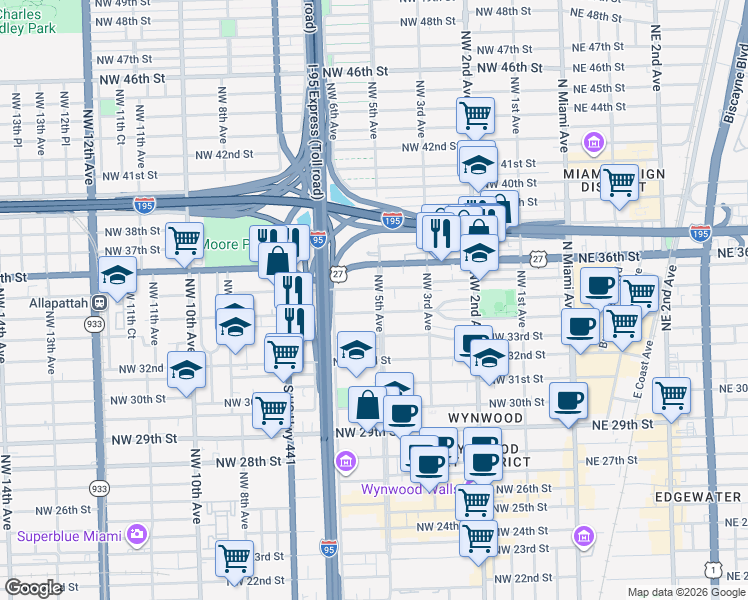 map of restaurants, bars, coffee shops, grocery stores, and more near in Miami