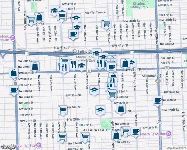 map of restaurants, bars, coffee shops, grocery stores, and more near 1880 Northwest 36th Street in Miami
