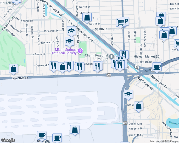 map of restaurants, bars, coffee shops, grocery stores, and more near 688 Forrest Drive in Miami Springs