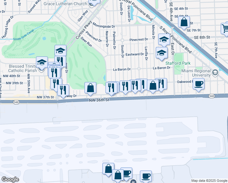 map of restaurants, bars, coffee shops, grocery stores, and more near 55 Fairway Drive in Miami Springs