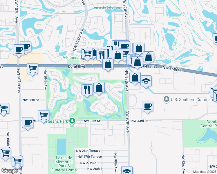 map of restaurants, bars, coffee shops, grocery stores, and more near 3722 Barcelona Loop in Doral