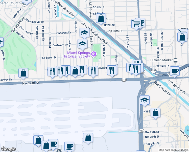 map of restaurants, bars, coffee shops, grocery stores, and more near 661 East Drive in Miami Springs