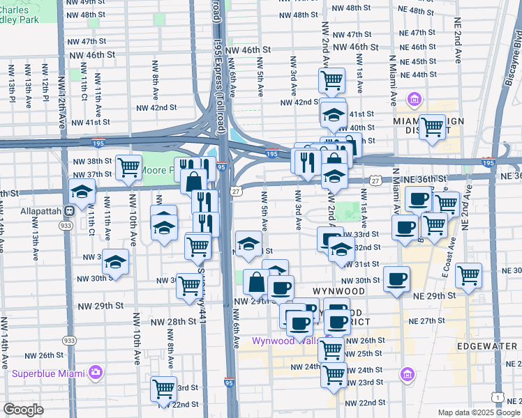 map of restaurants, bars, coffee shops, grocery stores, and more near in Miami