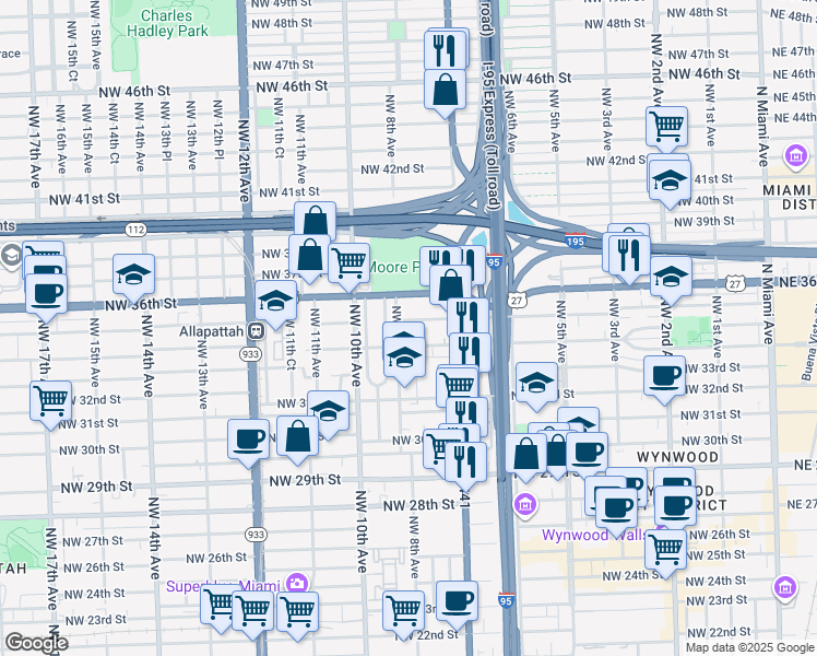 map of restaurants, bars, coffee shops, grocery stores, and more near 792 Northwest 35th Street in Miami