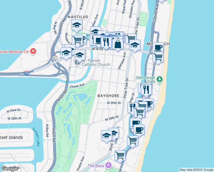 map of restaurants, bars, coffee shops, grocery stores, and more near 3184 Royal Palm Avenue in Miami Beach