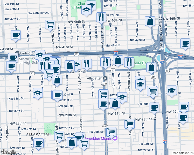 map of restaurants, bars, coffee shops, grocery stores, and more near 1258 Northwest 35th Street in Miami
